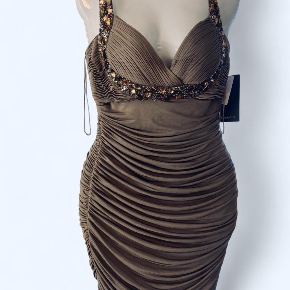JS Boutique taupe ruched halter Bodycon Dress with jeweled straps 10